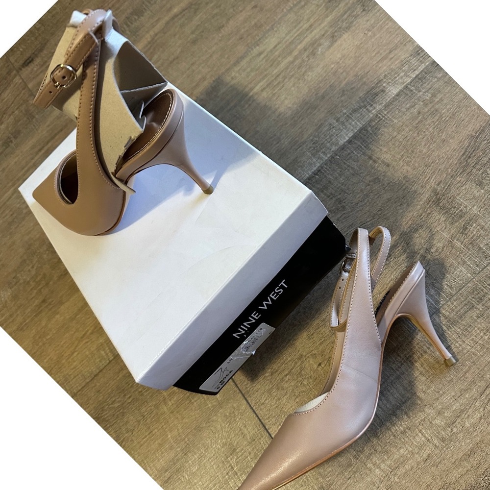 Nine West Slingback Heels Pointed Toe Ankle Strap Pumps Beige Women's Size 5 - Picture 2 of 6